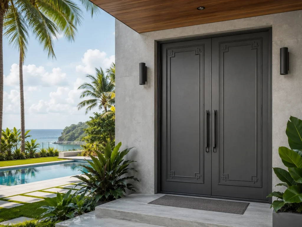 Sleek minimalist cast aluminum double entry door installed on a luxury coastal villa, featuring rust-proof durability and modern aesthetic.