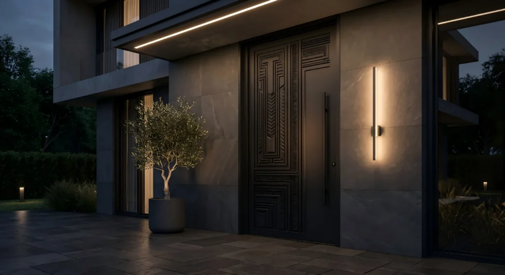 Modern cast aluminum security door with intricate architectural paneling installed at a high-end residential entryway, demonstrating a quiet luxury aesthetic.