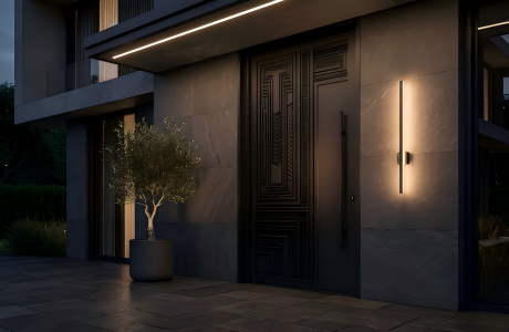 Modern cast aluminum security door with intricate architectural paneling installed at a high-end residential entryway, demonstrating a quiet luxury aesthetic.