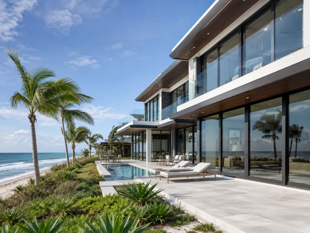 Modern coastal luxury home with hurricane impact windows and oceanfront glass facade
