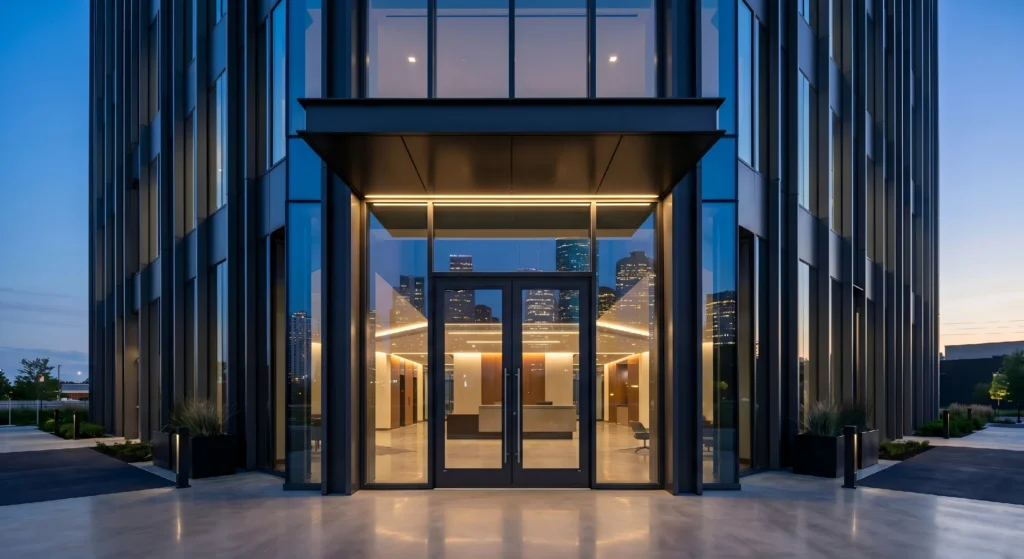 Sleek modern aluminum and glass commercial front doors providing exceptional durability for a high-rise building project.
