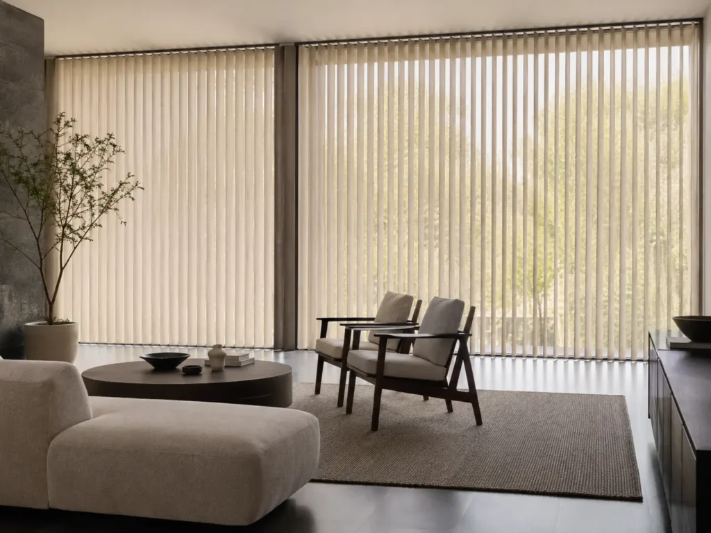 Modern custom vertical blinds in a soft beige color covering a large living room glass wall and sliding patio doors, with two mid-century chairs and a olive tree in the background, showing elegant style and natural light diffusion.