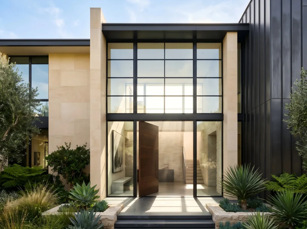 Large fixed exterior transom windows above a custom wood entry door in a luxury 2026 modern villa project by George Homes.