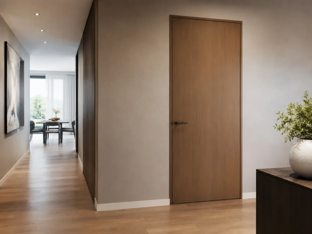 Modern flush door with a smooth wood surface in a minimalist interior hallway