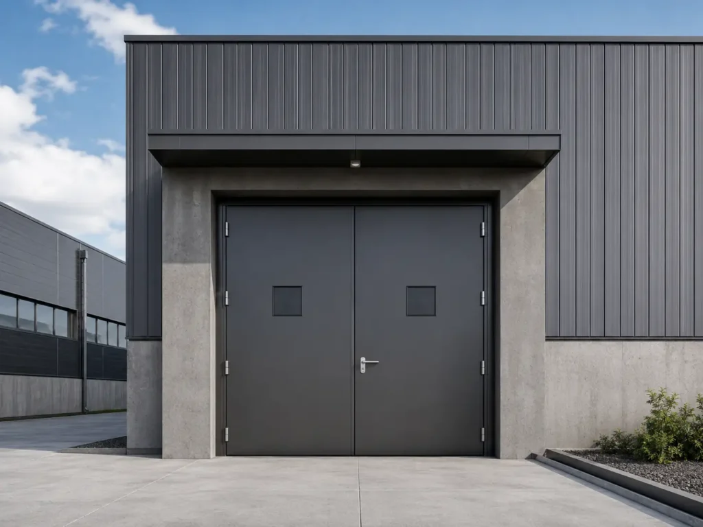 Modern industrial building exterior with heavy duty steel double doors and dark metal cladding
