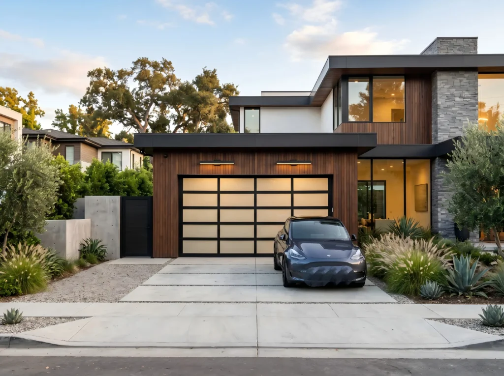 Modern luxury villa featuring a high R-value insulated garage door with frosted glass panels.