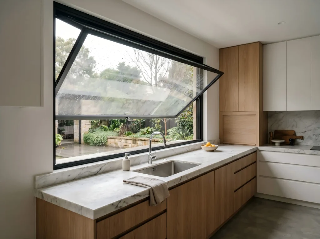 Modern kitchen counter with sink. Above, an open awning window provides ventilation during rain, looking out to a garden.