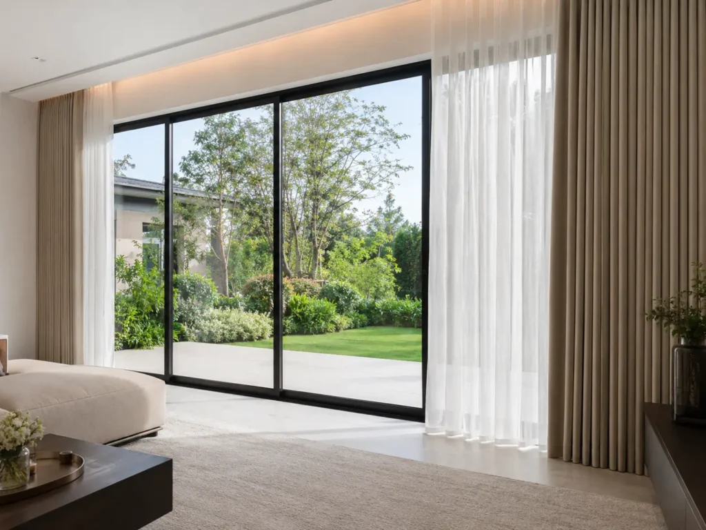 A bright, modern living room with large glass sliding doors featuring an integrated sliding mosquito net screen fully drawn, alongside layered white sheer and beige blackout curtains, facing a lush garden.