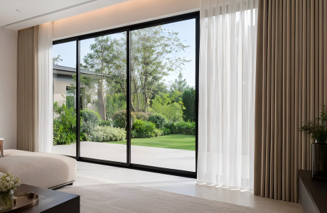 A bright, modern living room with large glass sliding doors featuring an integrated sliding mosquito net screen fully drawn, alongside layered white sheer and beige blackout curtains, facing a lush garden.