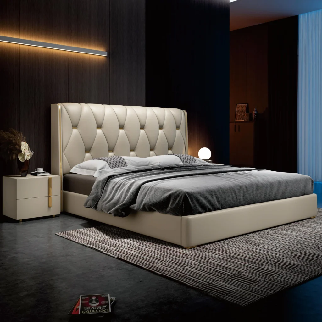 Cream leather tufted king bed with gold accents for luxury hotel master suite.