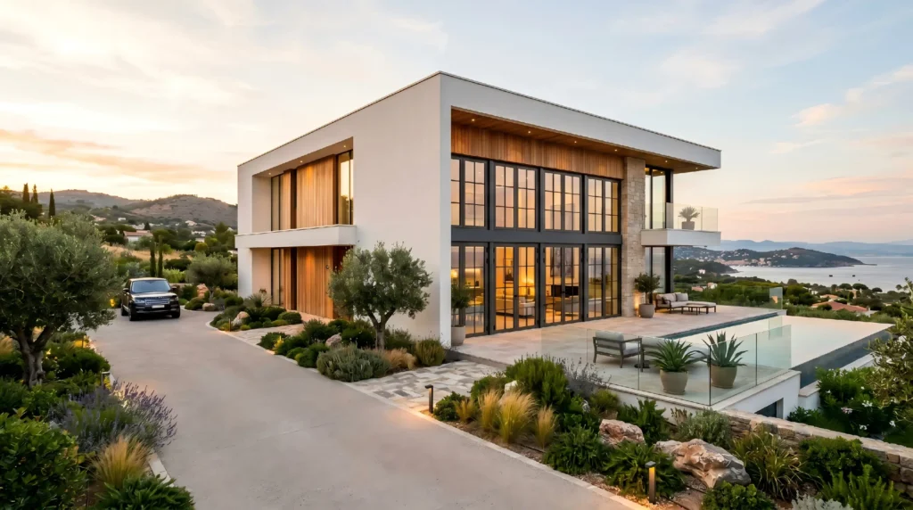 Stunning modern luxury home exterior featuring expansive black-framed French windows at sunset, creating a seamless indoor-outdoor flow.