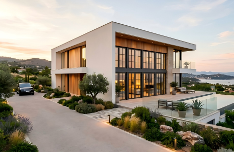 Stunning modern luxury home exterior featuring expansive black-framed French windows at sunset, creating a seamless indoor-outdoor flow.