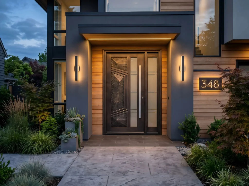 Modern custom steel security door with decorative glass panels and architectural lighting for high-end residential projects.