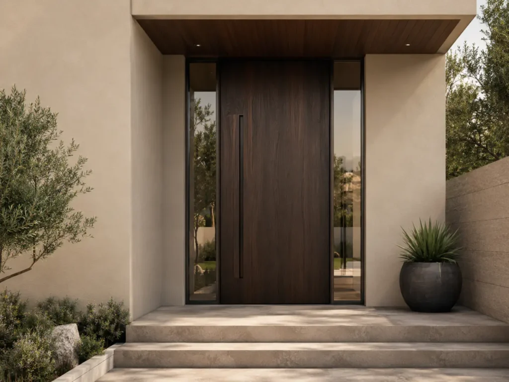 Sleek modern minimalist dark wood front door with glass side-lites for a luxury contemporary villa.