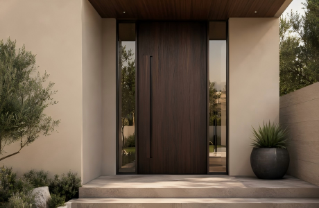Sleek modern minimalist dark wood front door with glass side-lites for a luxury contemporary villa.