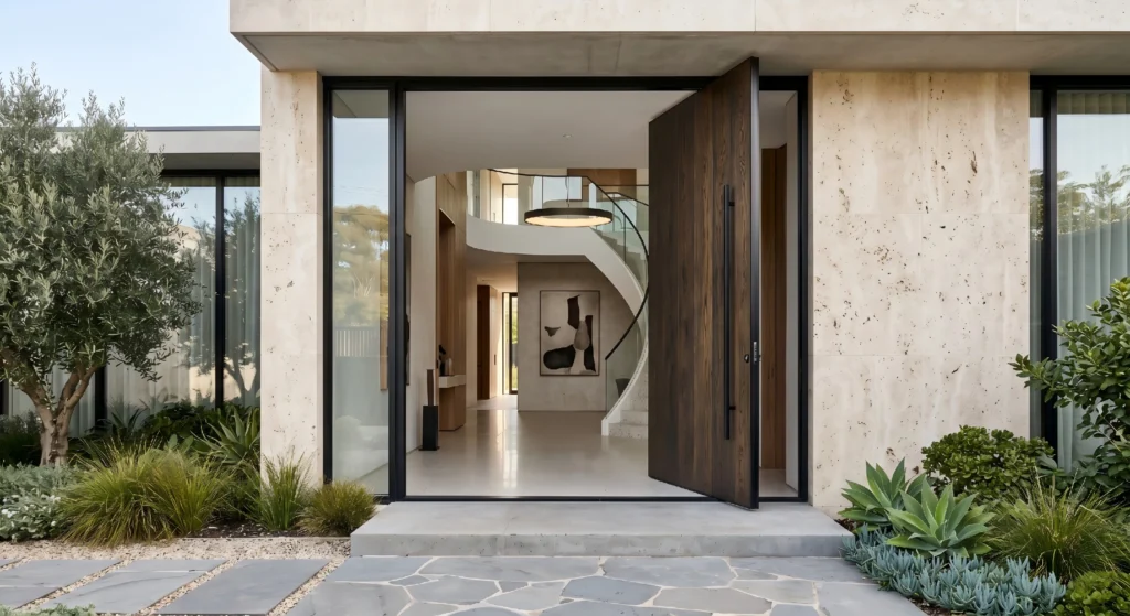 A modern luxury villa entrance featuring an oversized dark wood pivot door half-open, revealing a minimalist foyer with a curved staircase, framed by beige travertine walls and an olive tree.