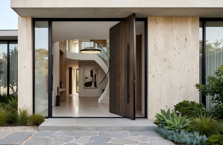 A modern luxury villa entrance featuring an oversized dark wood pivot door half-open, revealing a minimalist foyer with a curved staircase, framed by beige travertine walls and an olive tree.