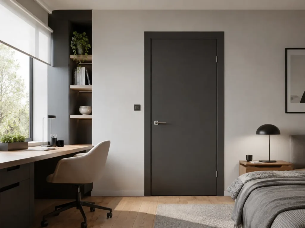 Dark grey painted solid core interior door providing excellent soundproofing in a modern home office.