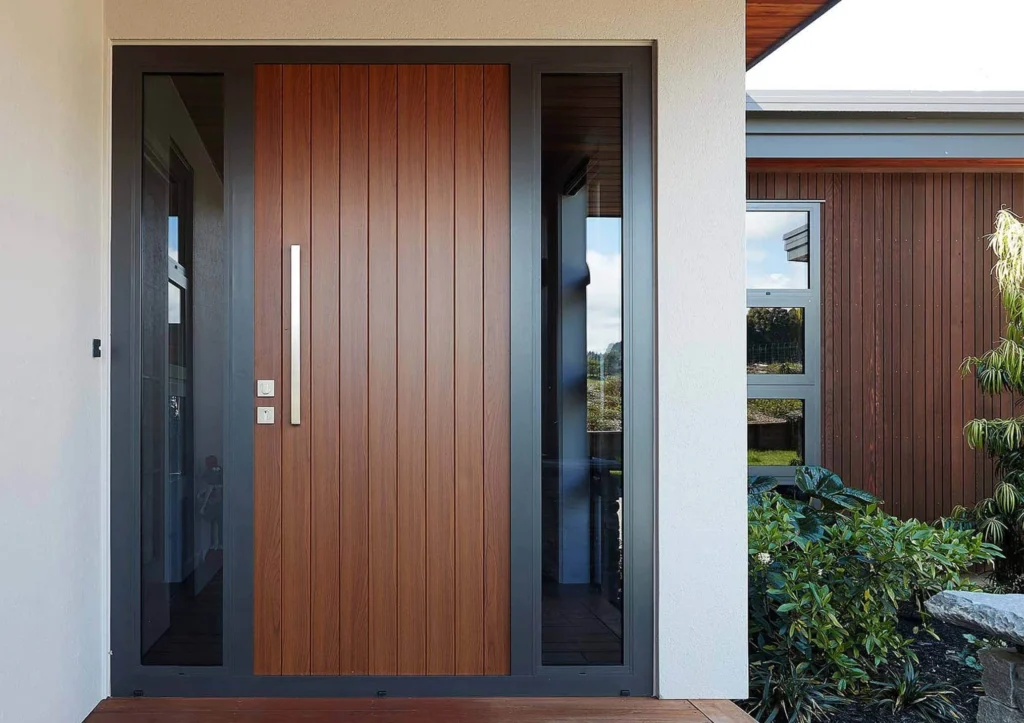 Modern solid wood front door with vertical wood slats and clear glass sidelights to maximize natural lighting.