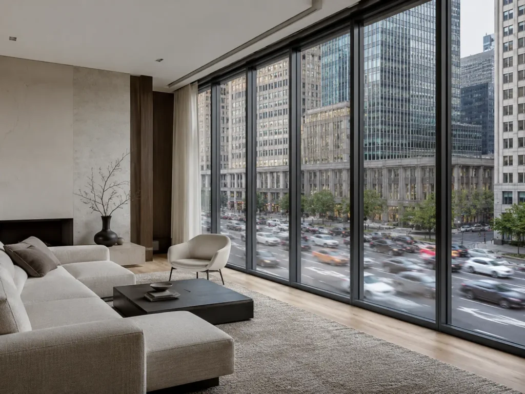 Modern luxury living room with floor-to-ceiling soundproof windows overlooking a busy city street