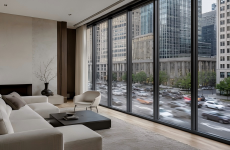 Modern luxury living room with floor-to-ceiling soundproof windows overlooking a busy city street