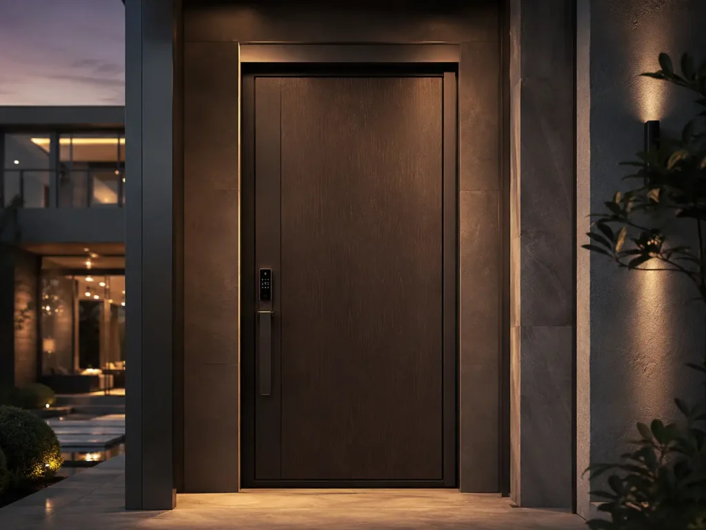 Modern dark steel security door featuring a high-tech smart lock system and heavy-duty hardware for commercial and residential projects.
