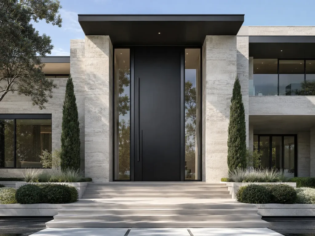 Oversized matte black aluminum pivot door on a modern luxury villa entrance with stone facade and minimalist landscaping