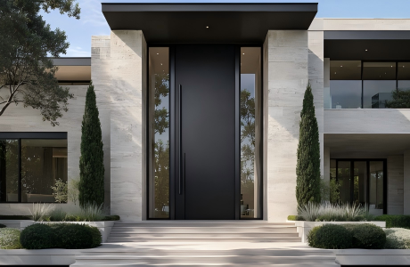 Oversized matte black aluminum pivot door on a modern luxury villa entrance with stone facade and minimalist landscaping