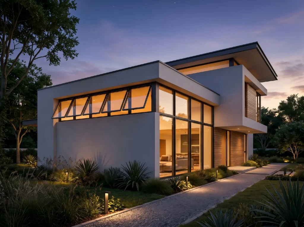 Exterior night view of a luxurious modern villa. A row of black-framed awning windows is open on the upper floor, showing architectural integration.