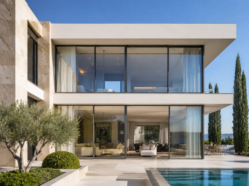 Modern luxury villa facade with oversized floor-to-ceiling glass windows, slim aluminum frames, poolside terrace, and minimalist landscaping.