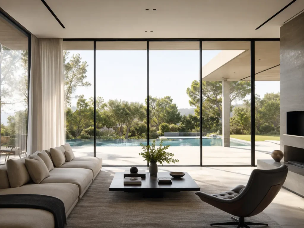 Modern villa living room with floor-to-ceiling aluminum framed windows overlooking a pool and garden