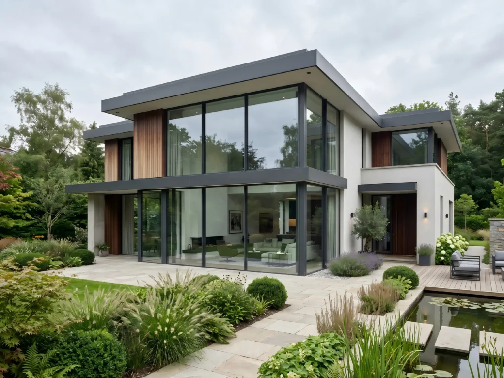 Modern luxury villa exterior featuring large, energy-efficient thermal break windows and sliding glass doors.