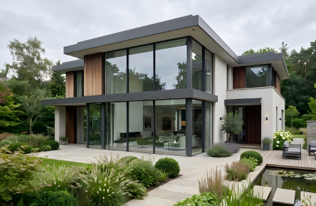 Modern luxury villa exterior featuring large, energy-efficient thermal break windows and sliding glass doors.
