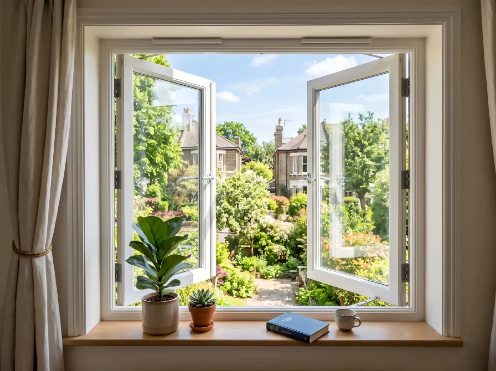 Modern white casement window fully open for maximum ventilation facing a green garden.