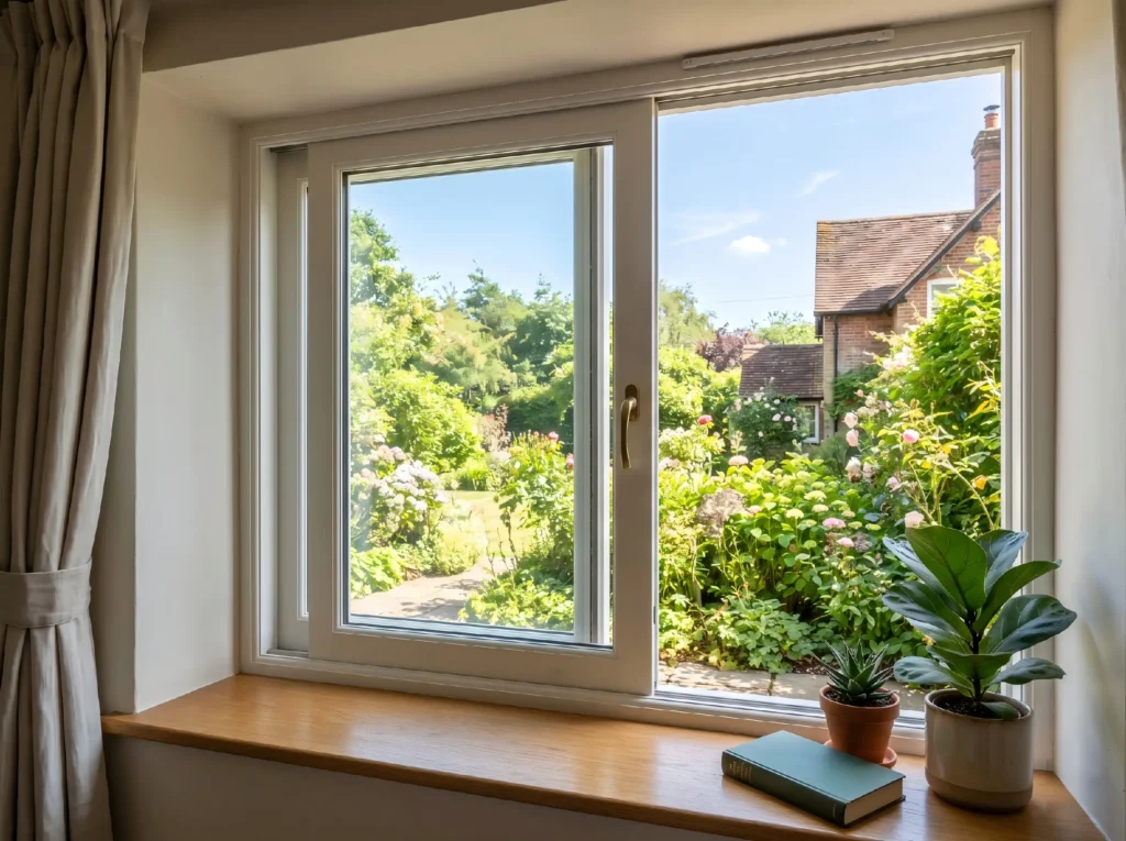Modern white sliding window partially open showing space-saving horizontal track design.