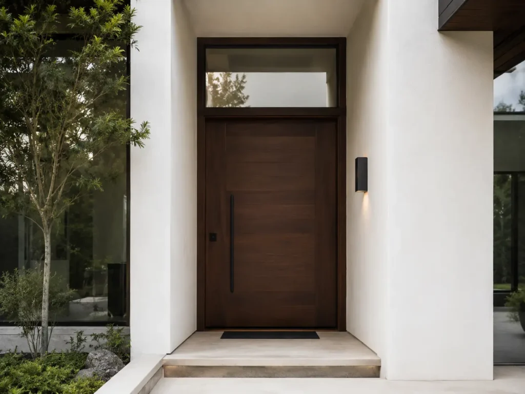 A minimalist solid wood front door with a clear rectangular transom window above, set into a modern white luxury villa exterior.