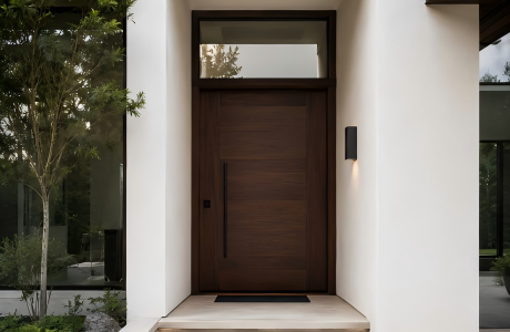 A minimalist solid wood front door with a clear rectangular transom window above, set into a modern white luxury villa exterior.