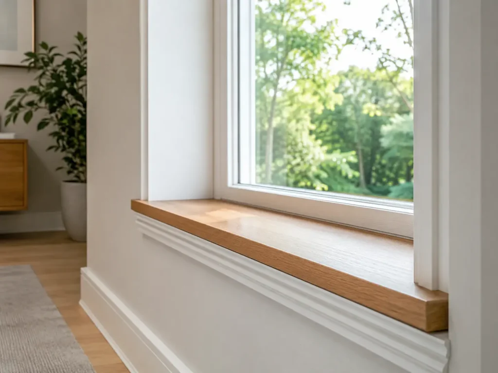 Modern wood window sill with clean white trim in a bright interior room overlooking greenery
