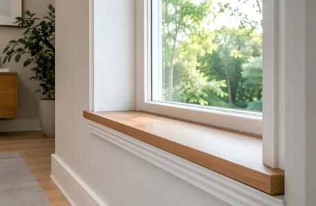Modern wood window sill with clean white trim in a bright interior room overlooking greenery
