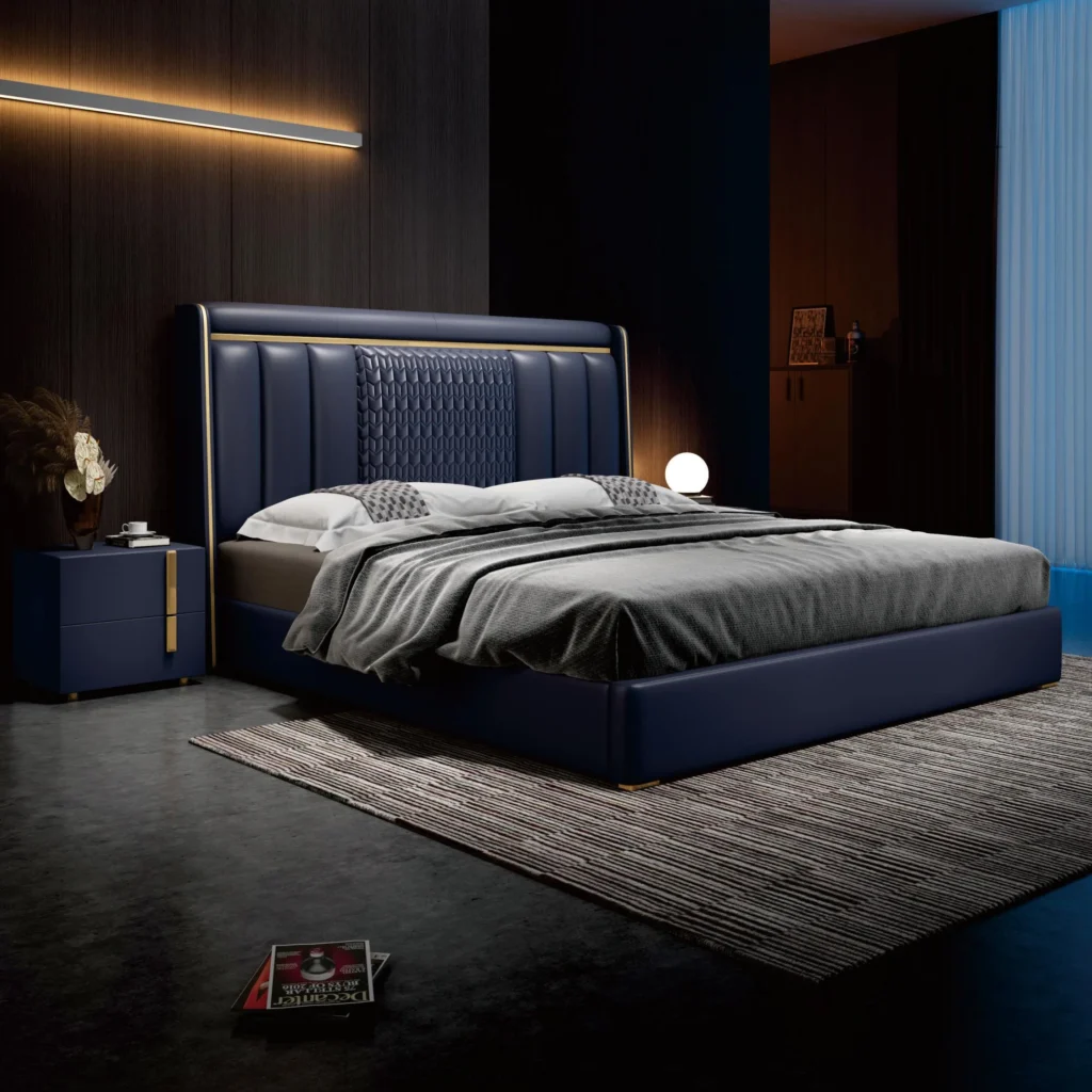 Navy blue upholstered queen beds featuring modern geometric patterned headboard.