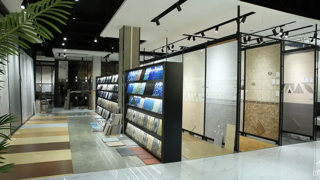 Large display of commercial-grade porcelain tiles, ceramic wall panels, and mosaic surfaces at a one-stop building materials supplier in China.