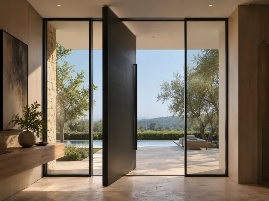 Large aluminum pivot door opening from a modern villa entry hall to an outdoor terrace, garden and pool view