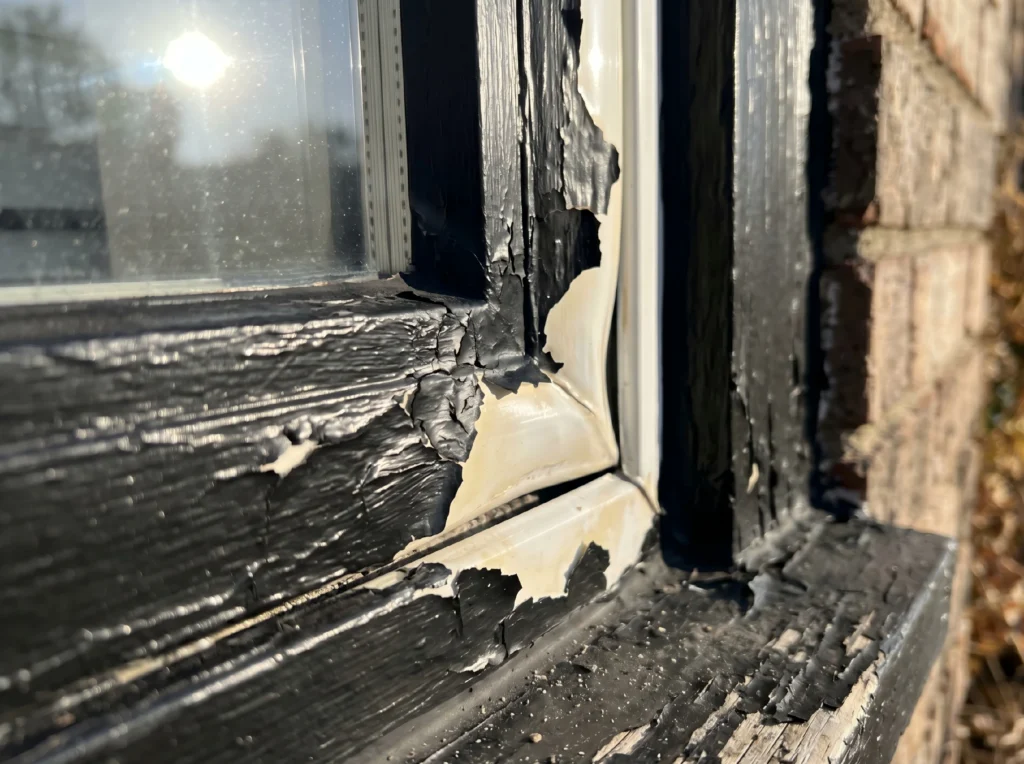 Close up of failed aftermarket black paint peeling off a warped white vinyl window frame due to severe thermal absorption.