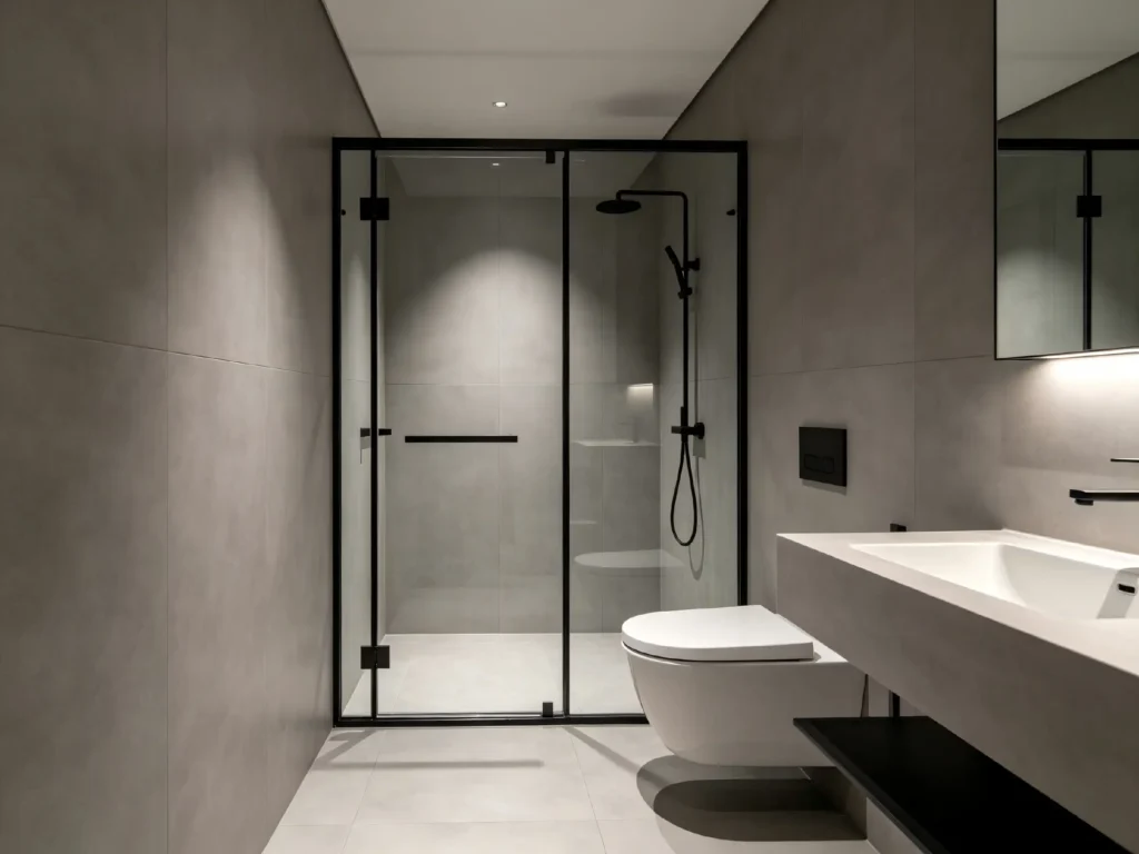 A close-up view of a minimalist frameless pivot shower door with elegant brass fixtures and glass panels.