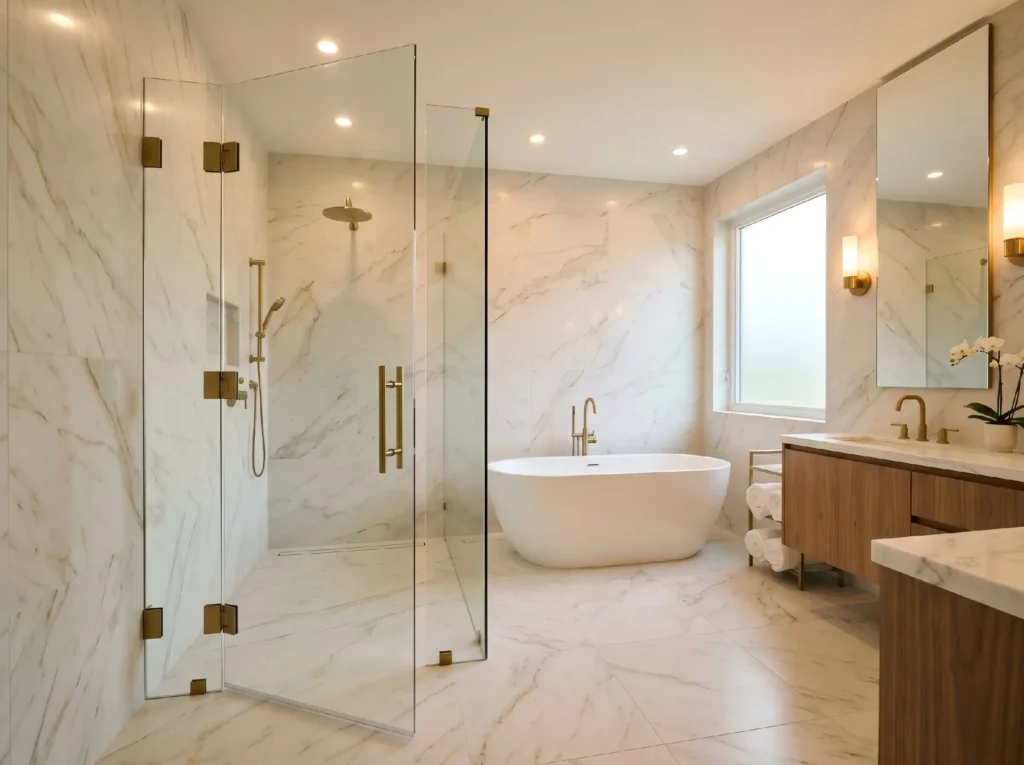A minimalist pivot shower door with black framing, perfectly integrated into a modern grey concrete-style bathroom.