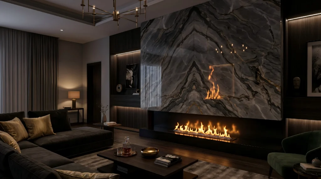Custom luxury living room featuring a polished dark marble fireplace surround, highlighting the dramatic veining and elegant design suitable for high-end residential projects.