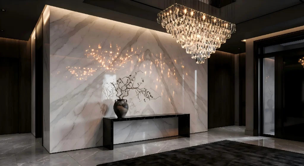 Polished white marble feature wall in a luxury commercial lobby, showcasing the high-gloss finish and light reflection ideal for high-end architectural projects.