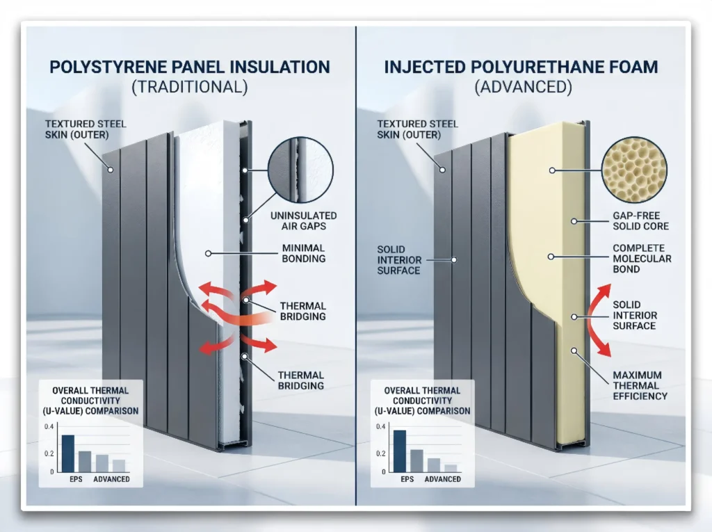 3D cross-section diagram comparing traditional polystyrene panel insulation vs advanced injected polyurethane foam in modern garage doors.