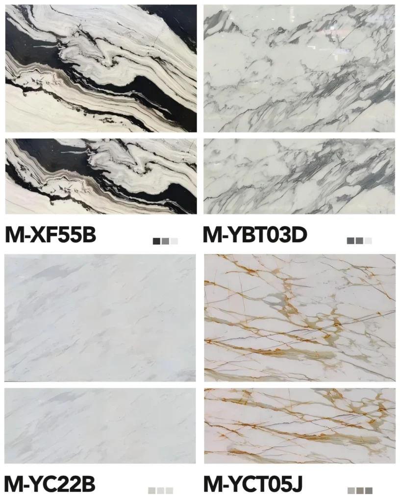 Premium natural marble slabs featuring bold black and white veining (Model M-XF55B) and luxury gold accents, ideal for high-end villa feature walls and custom furniture by George Homes.