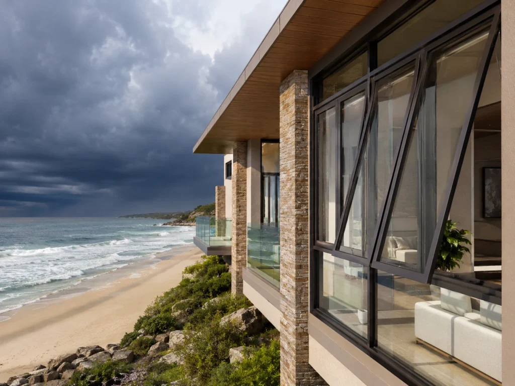 Premium custom fiberglass windows installed in a luxury coastal resort project, engineered to withstand extreme marine climates and high wind loads.